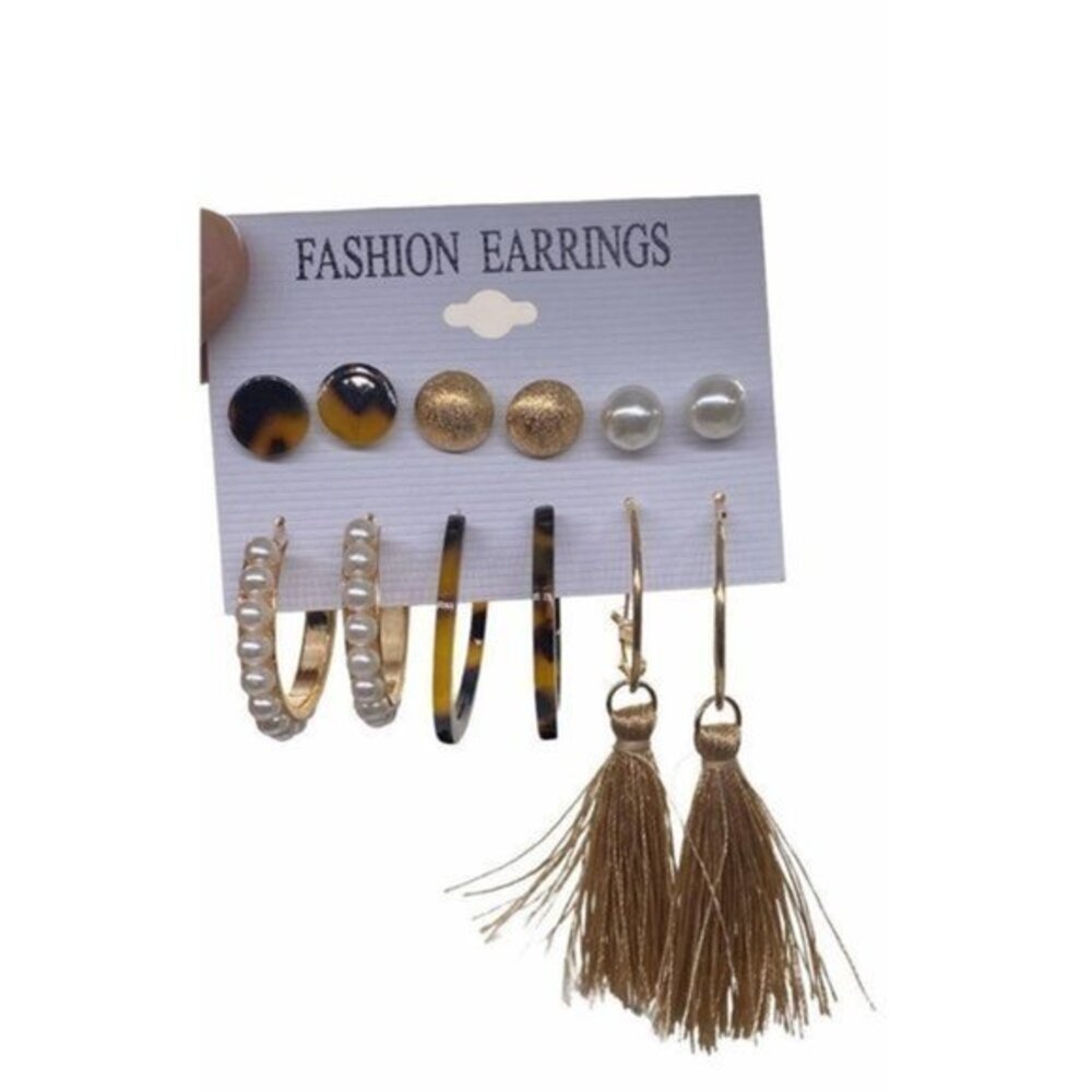 6 Pairs Gold Tone Fashion Earrings Set With Hoops Studs & Tassels